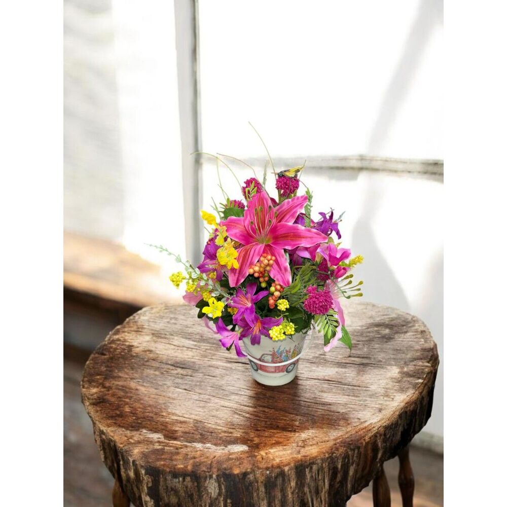 Spring & Summer Floral Arrangement in Ceramic Bucket – Silk Flower Centerpiece